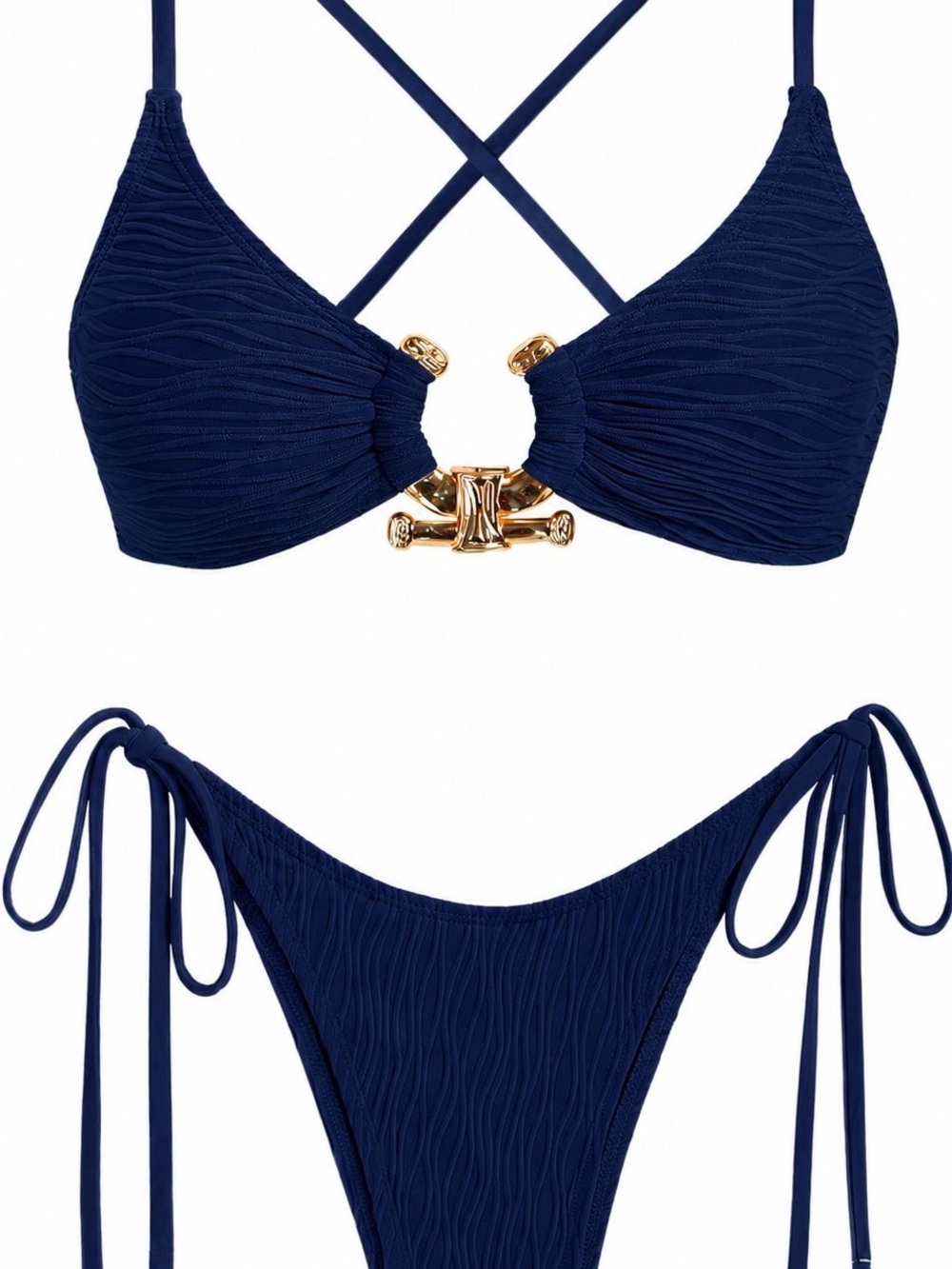 Zaful Navy Blue Ruched Bikini with Gold Center Clasp